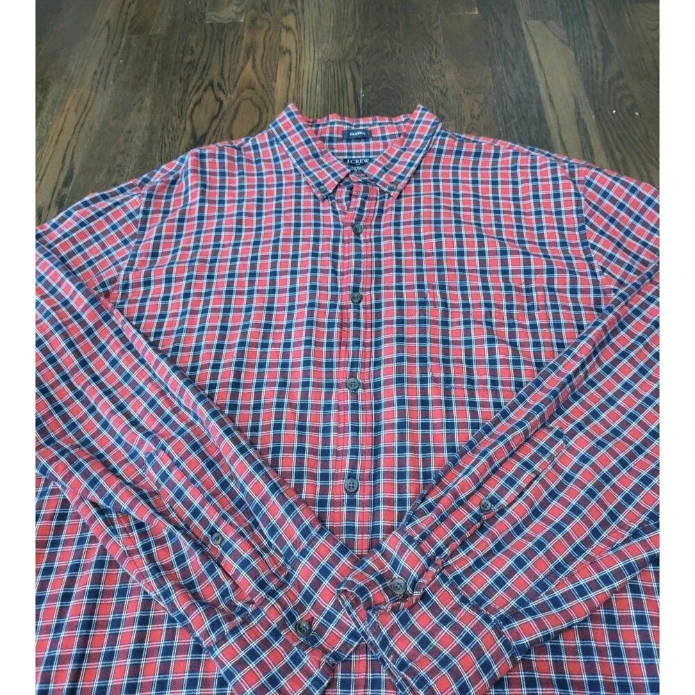 J. Crew Brushed Twill Flannel Mens 2XL Red Blue White Plaid American Classic EUC